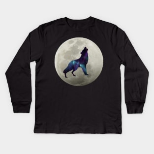 Cosmic Galaxy Wolf Howling Full Moon Space Wolf Gift Kids Long Sleeve T-Shirt